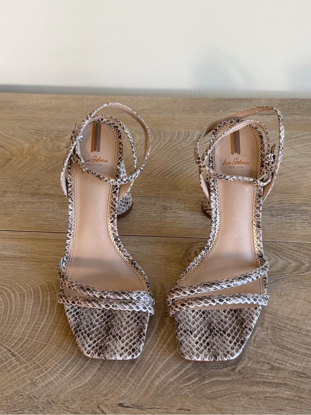 Sam Edelman Neutral Snake-Print Strappy Block Heel Sandals